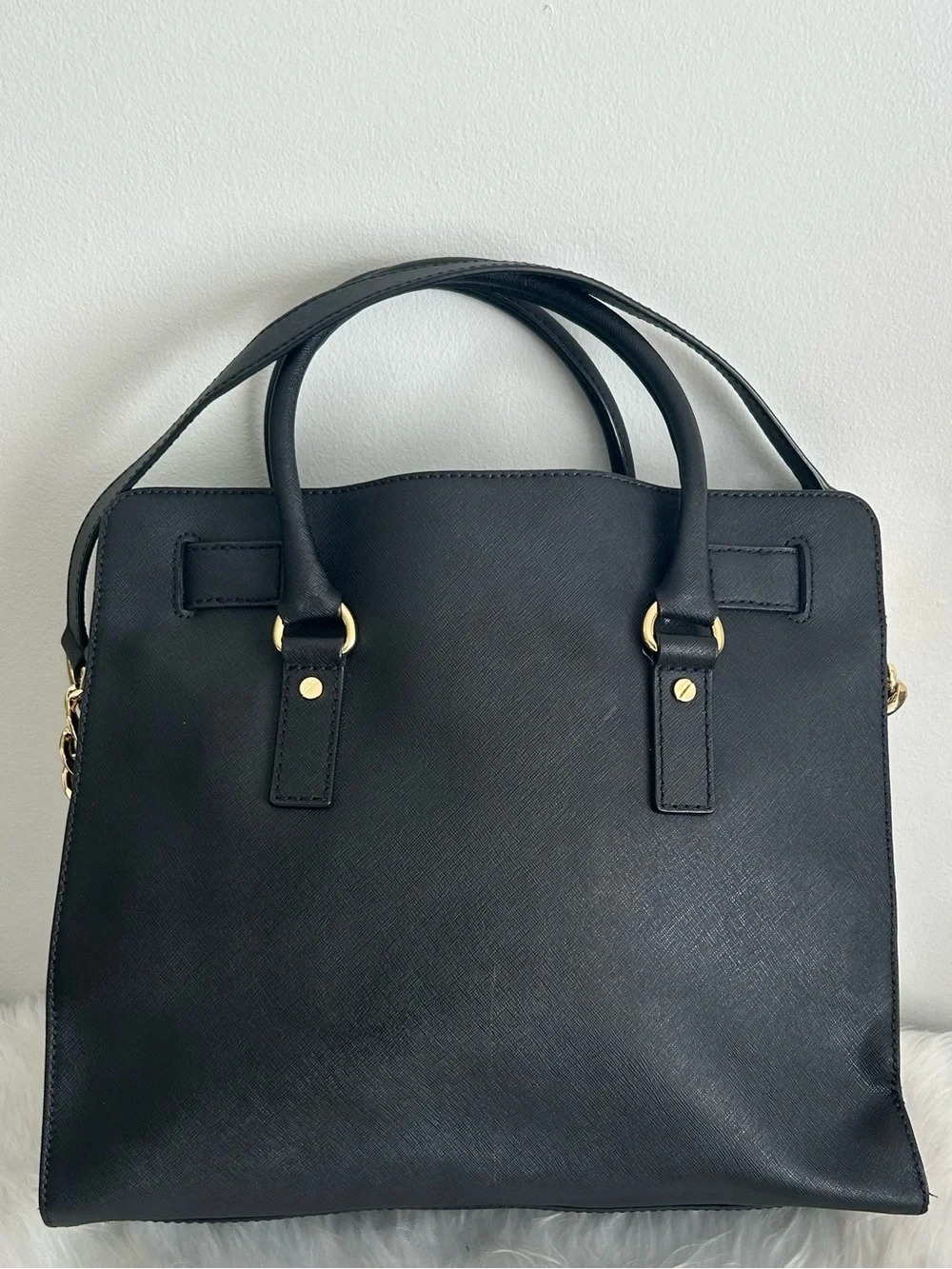 Michael Kors Hamilton Black Saffiano Leather Satchel Tote Lock Key crossbody